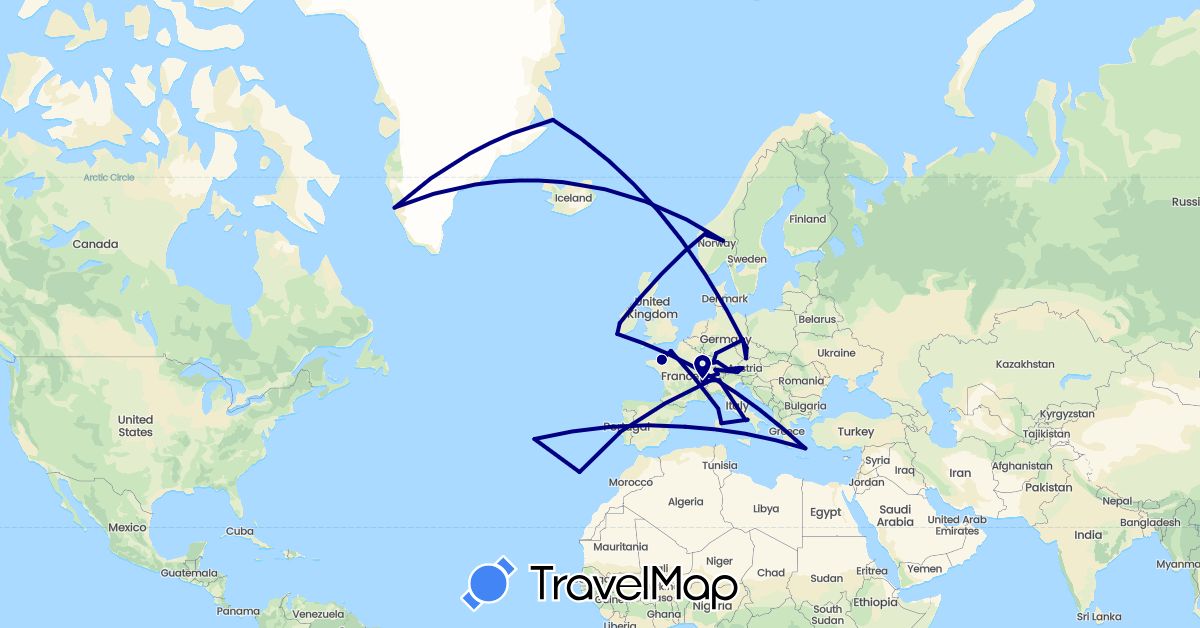 TravelMap itinerary: driving in Austria, Switzerland, Czech Republic, Germany, Spain, France, Greenland, Greece, Ireland, Italy, Norway, Portugal (Europe, North America)